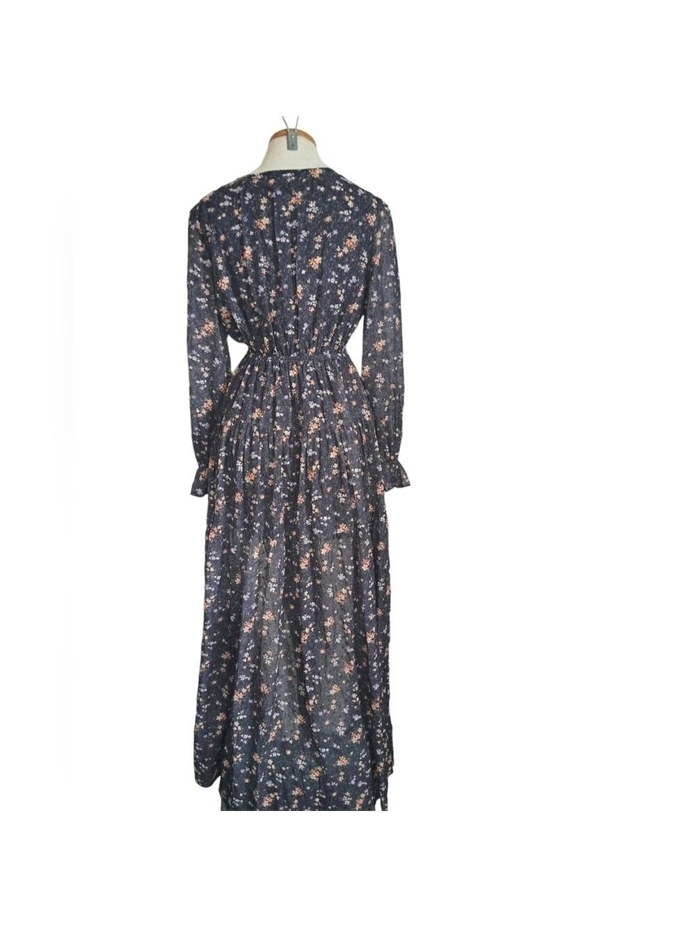 Tiny floral tiered MAXI  dress long sleeves ruffle cuff button up Shabby Aakaa S - Picture 2 of 12